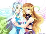  2girls aqua_hair arm_grab blonde_hair blue_hair breast_grab breast_press breasts choker female grabbing green_eyes green_hair hug long_hair milla_maxwell multicolored_hair multiple_girls muse_(tales_of_xillia) muzet_(tales) pointy_ears red_eyes smile symmetrical_docking tales_of_(series) tales_of_xillia two-tone_hair very_long_hair yuri 