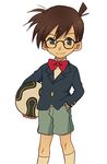  ball blue_eyes bow bowtie brown_hair edogawa_conan glasses hand_in_pocket kneehighs male_focus meitantei_conan ochappa shorts soccer_ball solo white_background 