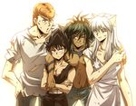  animal_ears bad_id bad_pixiv_id black_hair brown_eyes crossed_arms dark_skin dark_skinned_male fox_ears hiei_(yuu_yuu_hakusho) injury kuwabara_kazuma male_focus multiple_boys orange_hair red_hair scratches shirt shirtless simple_background sweetblossom torn_clothes torn_shirt urameshi_yuusuke white_background white_hair youko_kurama yuu_yuu_hakusho 