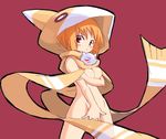  blush breast_hold breasts covering covering_crotch kitsune_choukan looking_at_viewer medium_breasts nude orange_hair orange_scarf original red_background red_eyes scarf short_hair simple_background solo striped striped_scarf 