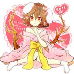  2011 :3 animal_ears bad_id bad_pixiv_id bare_shoulders brown_eyes brown_hair bunny_ears flower hair_flower hair_ornament heart inaba_tewi japanese_clothes new_year off_shoulder rojiuranoneko sitting smile solo tabi touhou white_legwear 