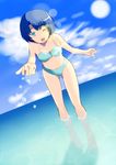  ;d ano_natsu_de_matteru bad_id bad_pixiv_id barefoot bikini blue_eyes blue_hair dutch_angle highres kaikawa_inseki long_legs midriff navel ocean one_eye_closed open_mouth short_hair smile solo swimsuit tanigawa_kanna wading water 