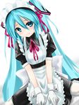  alternate_costume apron aqua_eyes aqua_hair dangan_neko dress enmaided gloves hair_ribbon hatsune_miku highres long_hair maid maid_headdress pantyhose ribbon solo twintails very_long_hair vocaloid white_background white_legwear wrist_cuffs 