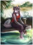  canine female fluffy_tail mammal silverdeni smile solo water wolf 