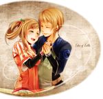  blush brother_and_sister brown_hair copyright_name droselle_schall eyes_closed green_eyes klein_schall open_mouth siblings tales_of_(series) tales_of_xillia title_drop 