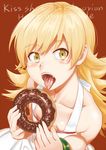  bare_shoulders blonde_hair blush blush_stickers collarbone doughnut dress eating face fang flat_chest food hands highres inu_(aerodog) long_hair monogatari_(series) nipple_slip nipples open_mouth oshino_shinobu solo tongue yellow_eyes 