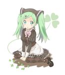  :o alternate_costume argyle argyle_legwear arm_support bow bowtie clover clover_hair_ornament dress full_body green_eyes green_hair hair_ornament hairclip hatsune_miku long_hair mary_janes nayutaho pantyhose shoes simple_background sitting solo striped twintails v_arms vertical_stripes vocaloid wariza 