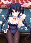  agekichi_(heart_shape) animal_ears black_hair blush bow bowtie breasts bunny_ears bunnysuit card cleavage detached_collar holding holding_card long_hair looking_at_viewer medium_breasts one_eye_closed original pantyhose playing_card poker_chip purple_eyes red_eyes smile solo twintails wrist_cuffs 