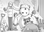  2girls decarabia doujima_nanako flag greyscale hanamura_yousuke izanami jack_frost jacket kuma_(persona_4) mittens monochrome multiple_boys multiple_girls narukami_yuu peeking_out persona persona_4 pole scarf shovel snow_bunny snowball snowman star sweatdrop tokiwa_(mukoku) twintails 