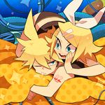  1girl bad_id bad_pixiv_id blonde_hair blue_eyes brother_and_sister butt_crack fang girl_on_top hair_ornament hair_ribbon hairclip kagamine_len kagamine_rin kurara lying nail_polish on_stomach open_mouth panties ribbon saliva short_hair siblings smile twins underwear vocaloid wince 