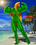 beach biceps big_breasts bikini breasts clothed clothing female flexing green_skin humanoid lon40 muscles muscular_female pointy_ears pose seaside shrapnel_(character) skimpy solo swimsuit tight_clothing tree water wood 