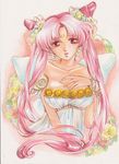  back_bow bishoujo_senshi_sailor_moon bow breasts chibi_usa cleavage crescent double_bun dress facial_mark flower forehead_mark hair_flower hair_ornament huge_bow large_breasts long_hair older pink_hair princess puffy_sleeves red_eyes rita151 rose small_lady_serenity solo traditional_media twintails yellow_flower yellow_rose 