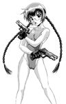  arena_(company) braid cameltoe cocked_hammer competition_swimsuit dual_wielding glasses gloves greyscale gun handgun highres holding kurayami_joe long_hair m1911 monochrome one-piece_swimsuit original solo swimsuit trigger_discipline twin_braids weapon 