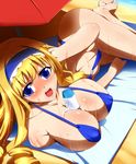 ass barefoot beach between_breasts bikini blonde_hair blue_eyes blush breasts cecilia_alcott cleavage highres infinite_stratos large_breasts long_hair long_legs o-ring o-ring_bottom solo swimsuit towel umakatsuhai wet 