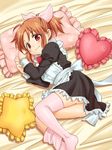  abe_nana bed blush brown_hair frilled_pillow frills hair_ribbon idolmaster idolmaster_cinderella_girls looking_at_viewer lying maid no_shoes on_bed on_side pillow pink_legwear ponytail red_eyes ribbon ruo_(cruzada) smile solo thighhighs 