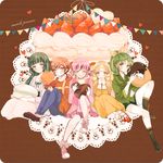  aoki_reika blonde_hair blue_eyes blue_hair boots bow brown_background cake candy chocolate chocolate_doughnut chocolate_heart cookie copyright_name doughnut dress eko_(ecology) eyelashes food green_eyes green_hair grin heart hino_akane_(smile_precure!) hoshizora_miyuki kise_yayoi lollipop long_hair macaron midorikawa_nao multiple_girls one_eye_closed orange_eyes pink_hair ponytail precure red_hair ribbon shoes short_hair shorts skirt smile smile_precure! sneakers strawberry_shortcake swirl_lollipop yellow_eyes 