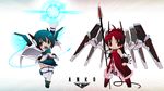  anubis_(z.o.e) blue_eyes blue_hair boots cape chibi cosplay energy_ball energy_wings fin_funnels highres jehuty kuro_chairo_no_neko lance long_hair magical_girl mahou_shoujo_madoka_magica miki_sayaka multiple_girls neon_trim parody polearm ponytail red_eyes red_hair robot_ears sakura_kyouko thigh_boots thighhighs weapon wings zone_of_the_enders 