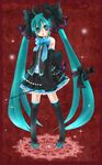  ahoge aqua_eyes aqua_hair boots bow bowtie detached_sleeves hair_bow hatsune_miku highres long_hair microphone necktie open_mouth pigeon-toed skirt sleeves_past_wrists solo thigh_boots thighhighs twintails very_long_hair vocaloid yanagisato_ao 