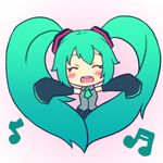  39 aqua_hair blush chibi closed_eyes commentary_request detached_sleeves hatsune_miku heart heart_hair ichiran long_hair lowres musical_note necktie open_mouth outstretched_arms solo twintails very_long_hair vocaloid 
