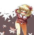  aki_shizuha blonde_hair blush dissolving_clothes eyebrows face hair_ornament highres leaf_hair_ornament looking_at_viewer mepikari no_pants open_mouth panties short_hair solo tears thick_eyebrows torn_clothes touhou underwear white_panties yellow_eyes 