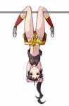  ahoge araragi_karen arms_up asymmetrical_hair black_eyes black_hair comcom fried_egg hair_ornament long_hair midriff monogatari_(series) nisemonogatari panties shorts side_ponytail smile solo underwear upshorts upside-down 