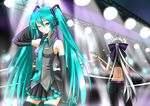  ahoge aqua_eyes aqua_hair bare_shoulders belt dangan_neko detached_sleeves electric_guitar guitar hand_on_own_head hatsune_miku headset instrument long_hair midriff multiple_girls necktie one_eye_closed ponytail skirt stage stage_lights thighhighs twintails very_long_hair vocaloid white_hair yowane_haku 