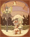  black_legwear blue_hair blush blush_stickers boots bow braid chibi fence grey_hair hair_bow hat highres izayoi_sakuya lamp lamppost mittens multiple_girls pantyhose parasol remilia_scarlet short_hair snow snow_bunny snowman takahero touhou translated twin_braids umbrella |_| 