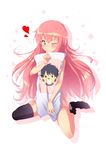  highres hiraga_saito hug long_hair louise_francoise_le_blanc_de_la_valliere masashou_(sinsyo23) nightgown one_eye_closed pillow pillow_hug pink_eyes pink_hair solo thighhighs zero_no_tsukaima 