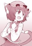  animal_ears breasts cat_ears cat_tail chen ear_wiggle earrings gradient gradient_background heart heart_tail jewelry kitsune_choukan monochrome multiple_tails open_mouth small_breasts smile solo tail touhou 
