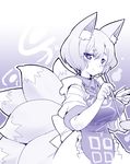  animal_ears blush breasts eyebrows fox_ears fox_tail highres kitsune_choukan ladle large_breasts looking_at_viewer monochrome multiple_tails no_hat no_headwear short_hair sleeves_rolled_up smile solo tail touhou yakumo_ran 