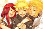  2boys bad_id bad_pixiv_id blonde_hair closed_eyes family father_and_son happy hug husband_and_wife kumatani laughing long_hair mother_and_son multiple_boys namikaze_minato naruto naruto_(series) red_hair smile snow spiked_hair uzumaki_kushina uzumaki_naruto 