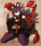  animal_ears arachne_(shinrabanshou) breasts bridal_gauntlets cleavage cleavage_cutout dog_ears extra_eyes full_body gloves grin hair_between_eyes horns insect_girl kneeling medium_breasts monster_girl nosuku pale_skin purple_hair red_eyes shinrabanshou smile solo spider_girl 