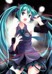  aqua_eyes aqua_hair bad_id bad_pixiv_id detached_sleeves hatsune_miku highres kamon_(shinshin) long_hair microphone music nail_polish necktie open_mouth singing skirt solo thighhighs twintails very_long_hair vocaloid 