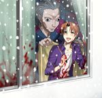  bad_id bad_pixiv_id black_eyes blood blood_on_face bloody_clothes caster_(fate/zero) command_spell covering_with_blanket curtains fate/zero fate_(series) from_outside itou_(itsuko) male_focus multiple_boys orange_hair scalpel snowing uryuu_ryuunosuke window 