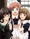  :d apron black_hair blue_eyes brown_eyes brown_hair chiaki_kurihara endou_mami glasses hair_ornament hairclip hime_cut katou_marika long_hair maid maid_headdress miniskirt_pirates mouth_hold multiple_girls open_mouth pink_hair school_uniform short_hair smile spoon touka_(dolce_mix) 