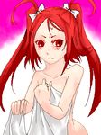  1girl bare_shoulders bed_sheet bedsheet blush lowres red_eyes red_hair richa_doa rommy tales_of_(series) tales_of_the_tempest twintails 