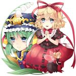  blonde_hair blue_eyes closed_eyes flower green_hair hair_ribbon hands_clasped hat lily_of_the_valley medicine_melancholy minato_usagi multiple_girls own_hands_together ribbon shiki_eiki short_hair su-san touhou wings 