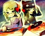  ;d artist_name beanie black_eyes black_hair blonde_hair dj glasses hat headphones highres jewelry mike_inel multiple_girls necklace one_eye_closed open_mouth original phonograph record smile turntable 