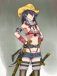  bandages blue_hair breasts cosplay cutoffs denim denim_shorts highleg highleg_panties kagura_(oneechanbara) kagura_(oneechanbara)_(cosplay) kanbaru_suruga monogatari_(series) navel nisemonogatari oneechanbara oniyan panties sawashiro_miyuki seiyuu_connection short_hair short_shorts shorts small_breasts solo sword thong underboob underwear weapon 