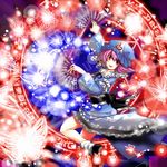  bad_id bad_pixiv_id bug butterfly dual_wielding fan folding_fan frills goshoguruma hat holding insect japanese_clothes light_particles munihagi pink_hair ribbon saigyouji_yuyuko shippou_(pattern) solo touhou triangular_headpiece 