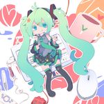  :q bad_id bad_pixiv_id cup detached_sleeves green_eyes green_hair hatsune_miku headset long_hair monitor mouse_(computer) mug necktie pen pigeon-toed pointing shapeson skirt smile solo spring_onion thighhighs tongue tongue_out twintails very_long_hair vocaloid 