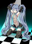  absurdres aqua_eyes aqua_hair bad_id bad_pixiv_id checkered checkered_floor colorized detached_sleeves ginta hatsune_miku highres long_hair mi-mi-mi-mi necktie perspective skirt smile solo twintails vocaloid 