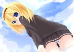  alice_margatroid alternate_costume bad_id bad_pixiv_id blonde_hair blue_eyes blue_panties blue_sky chimunge cloud day from_below hairband looking_back panties pleated_skirt short_hair skirt sky solo striped striped_panties sweater thighhighs touhou underwear white_legwear 