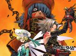  .hack//g.u. 1girl 2boys armpits atoli azure_kite bandai blonde_hair blue_hair cape chains cyber_connect_2 dual_wielding eyes_closed gloves gradient gradient_background green_eyes hack hair_over_one_eye haseo hat highres multiple_boys red_eyes sadamoto_yoshiyuki short_hair silver_hair spiked_hair sword tattoo tri-edge weapon 