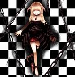  asymmetrical_clothes asymmetrical_legwear bad_id bad_pixiv_id bare_legs barefoot black_dress blonde_hair bloomers blue_eyes chain checkered checkered_background choker claws cuffs detached_sleeves dress fingernails heart horns jewelry long_fingernails long_hair minnu off_shoulder original pendant ribbon shackles shoes single_shoe smile solo tail underwear 