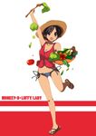  :o arm_above_head black_eyes breasts brown_hair carrot character_name cleavage fork genderswap genderswap_(mtf) groin haruna_mahiru hat highres holding holding_fork lettuce monkey_d_luffy one_piece panties sandals side-tie_panties simple_background small_breasts solo striped striped_panties tomato underwear white_background 