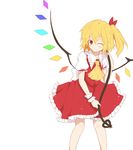  ascot blonde_hair bow flandre_scarlet hair_bow highres laevatein lunaticprince no_hat no_headwear one_eye_closed red_eyes short_hair side_ponytail skirt skirt_set solo star touhou white_background wrist_cuffs 