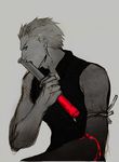  archer bare_shoulders biting bleeding blood crimo fate/stay_night fate_(series) greyscale hair_slicked_back holding injury looking_at_viewer male_focus monochrome muscle sideways_glance simple_background sleeveless solo spot_color syringe tourniquet upper_body 
