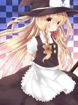  apron blonde_hair bow braid checkered checkered_background hair_bow hat hat_bow kirisame_marisa long_hair skirt skirt_set solo touhou waist_apron white_bow witch_hat yellow_eyes yucchan_(drizzle_star) 