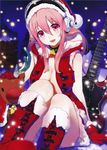  absurdres bare_shoulders bell boots breasts center_opening chimney christmas cleavage cross-laced_footwear electric_guitar fur_trim gloves guitar hat headphones highres hood instrument large_breasts looking_at_viewer night nitroplus no_bra open_clothes open_mouth open_shirt pink_eyes pink_hair reindeer rooftop santa_costume santa_hat scan shirabi shirt sitting snow snowing solo super_sonico 